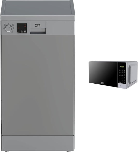 Beko DVS05024S – Lavavajillas Slim (plata, 44,8x60x85 cm) + MOC201103S Microondas digital (20 L, 700 W, plata, 45,2x32,5x26,2 cm)