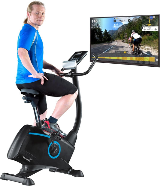 Bicicleta ergométrica Skandika Atlantis, 12 programas, soporte para tablet y ruedas, capacidad máxima 150 kg