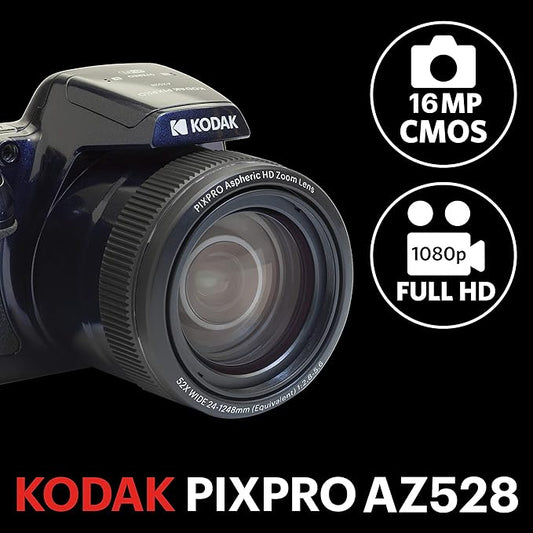 KODAK Pixpro AZ528 – Fotocamera Bridge Digitale 16 Mpixel, Zoom ottico x52, Stabilizzatore Ottico, Schermo LCD da 3 pollici, Video Full HD 1080p, Batteria agli ioni di litio – Blu Notte
