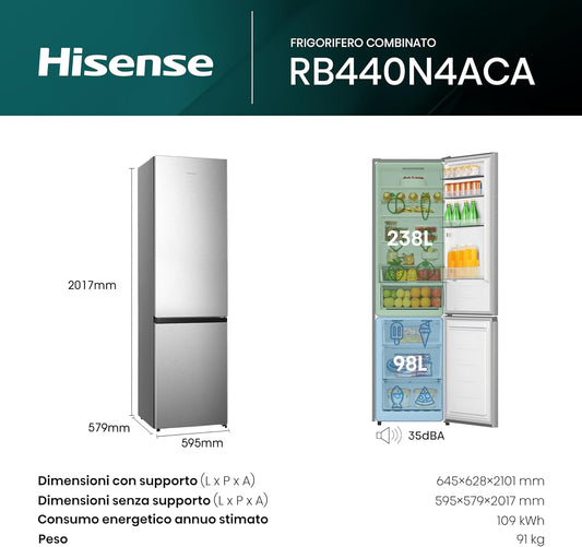 Hisense RB440N4ACA – Frigorífico combi Total No Frost, inox, 200x60 cm, clase A, 335 L, 35 dB, puerta reversible, motor inverter