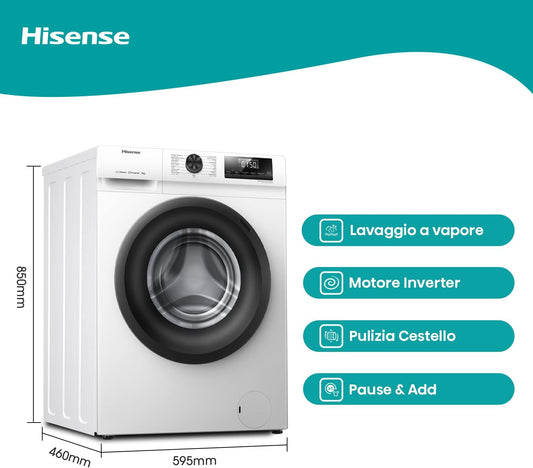 Hisense WFQE7012EVM – Lavadora Slim de carga frontal, 7 kg, clase A, 1200 rpm, vapor, motor inverter