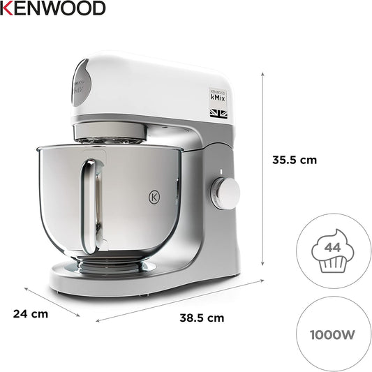 Kenwood KMX750WH KMIX – Batidora planetaria, bol de 5L con asa de acero, 3 ganchos, 1000W, personalizable, blanca