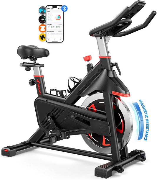 MERACH – Bicicleta estática magnética para casa, silenciosa, sillín confortable, pantalla LCD, soporte para tablet y app exclusiva