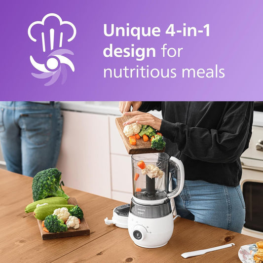 Philips Avent SCF883/01 EasyPappa Plus 4 en 1 – Robot de cocina multifunción: cuece al vapor, tritura, descongela y calienta, 1 L, blanco/gris